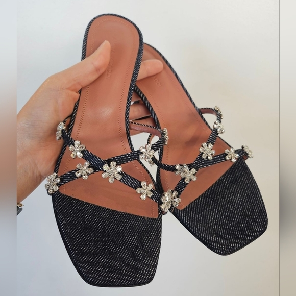 Amina Muaddi Lily Denim Slipper/Heel 70 mm, Flower crystals, Size 37.5